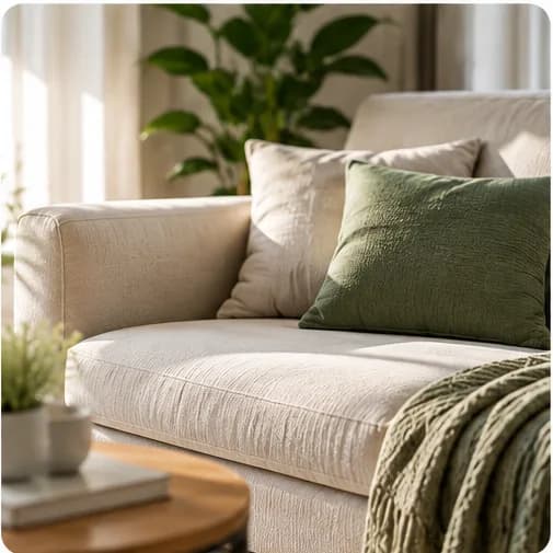 Canapé beige avec un coussin vert et un plaid, dans un salon clair