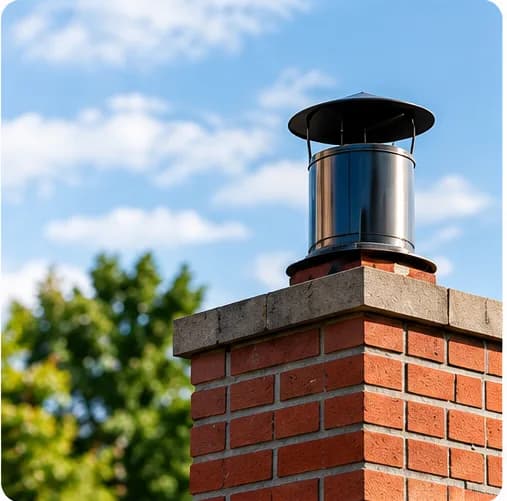 Cheminée en briques coiffée d'un chapeau en métal, sous un ciel bleu